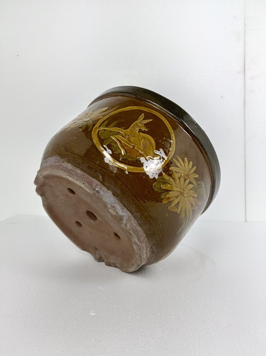 Xl Planter Cache Pot French Pottery Faience Hunter Scenes Deer Bird Gorgeous photo buy