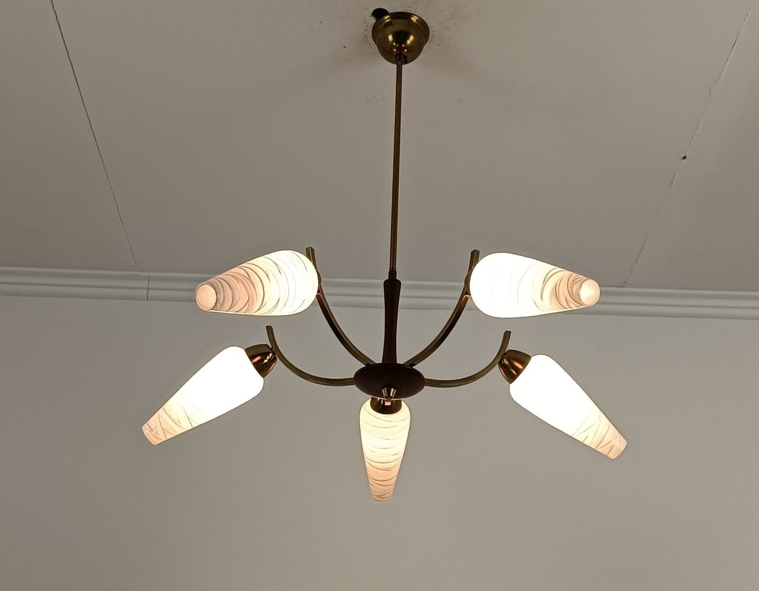 Vintage Spider Retro Chandelier Teak Glass Brass 5 Lights Glass Shades Funky photo buy