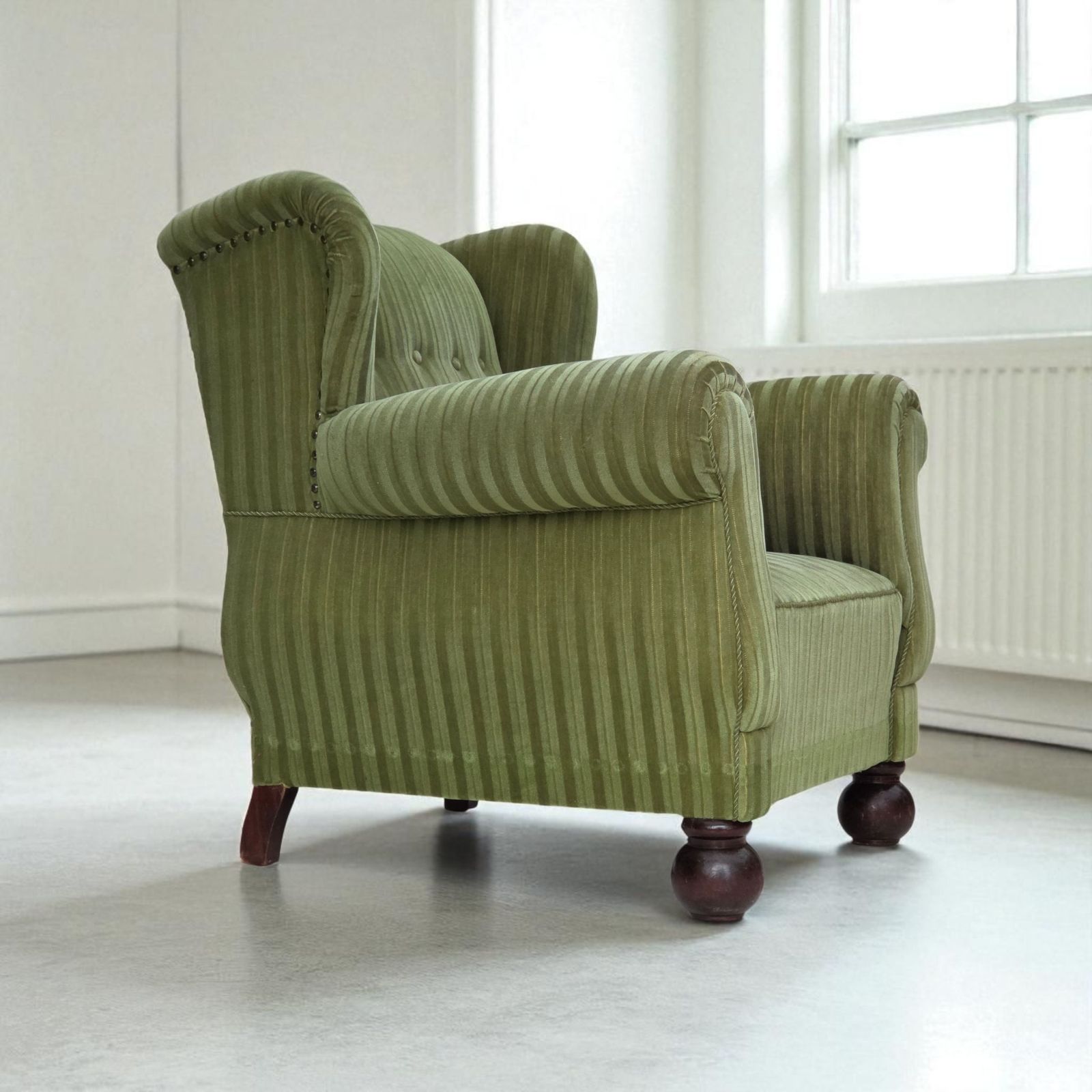 1950s, Danish Relax Armchair, Green Furniture Velour Fabric, Ash Wood Legs.