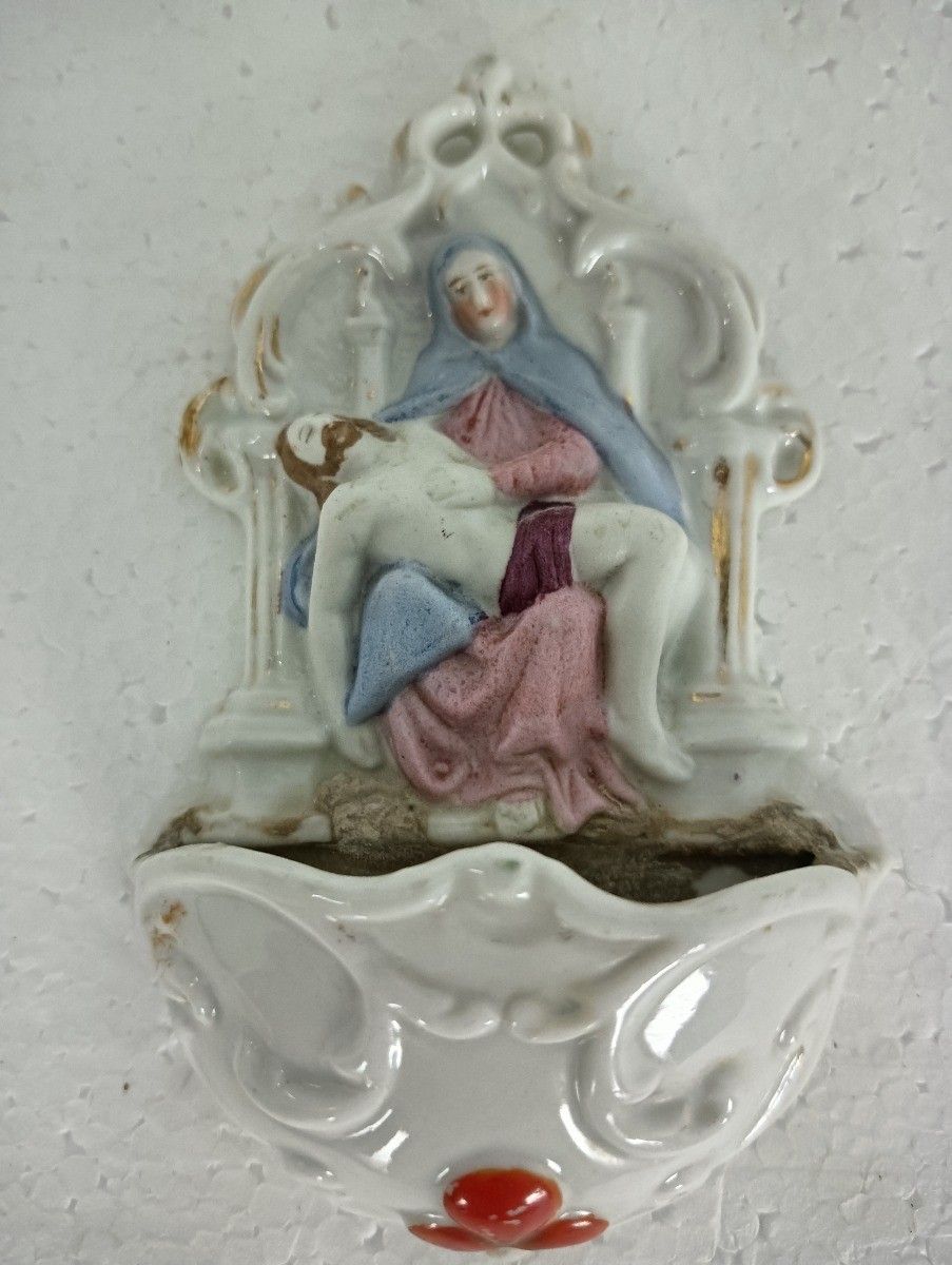 Antique Holy Water Font Vessel Porcelain Pieta Virgin Mary Jesus Christ