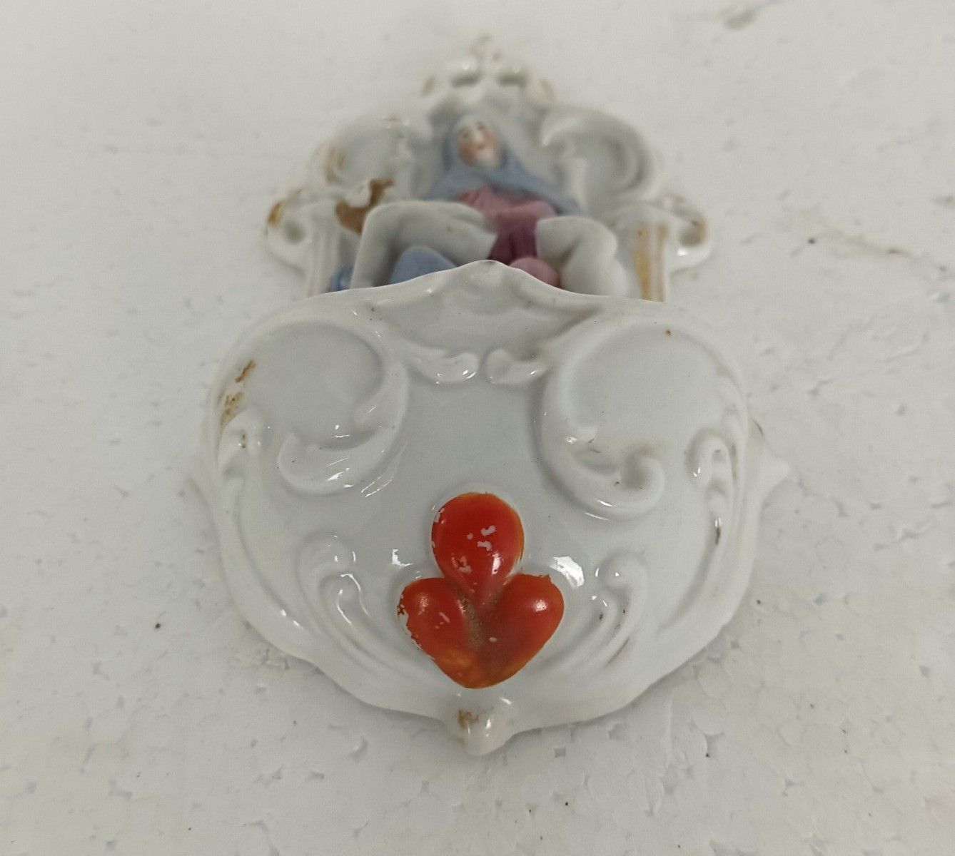 Antique Holy Water Font Vessel Porcelain Pieta Virgin Mary Jesus Christ photo buy