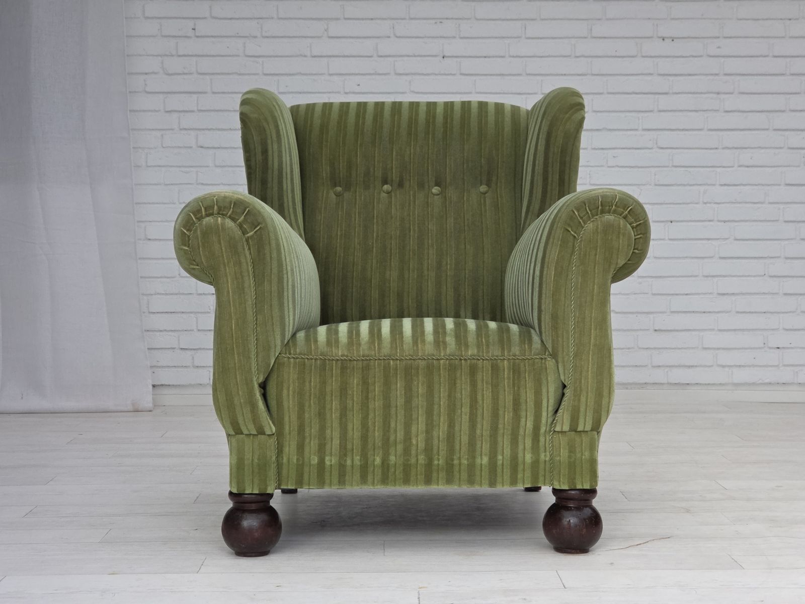 1950s, Danish Relax Armchair, Green Furniture Velour Fabric, Ash Wood Legs. photo for sale