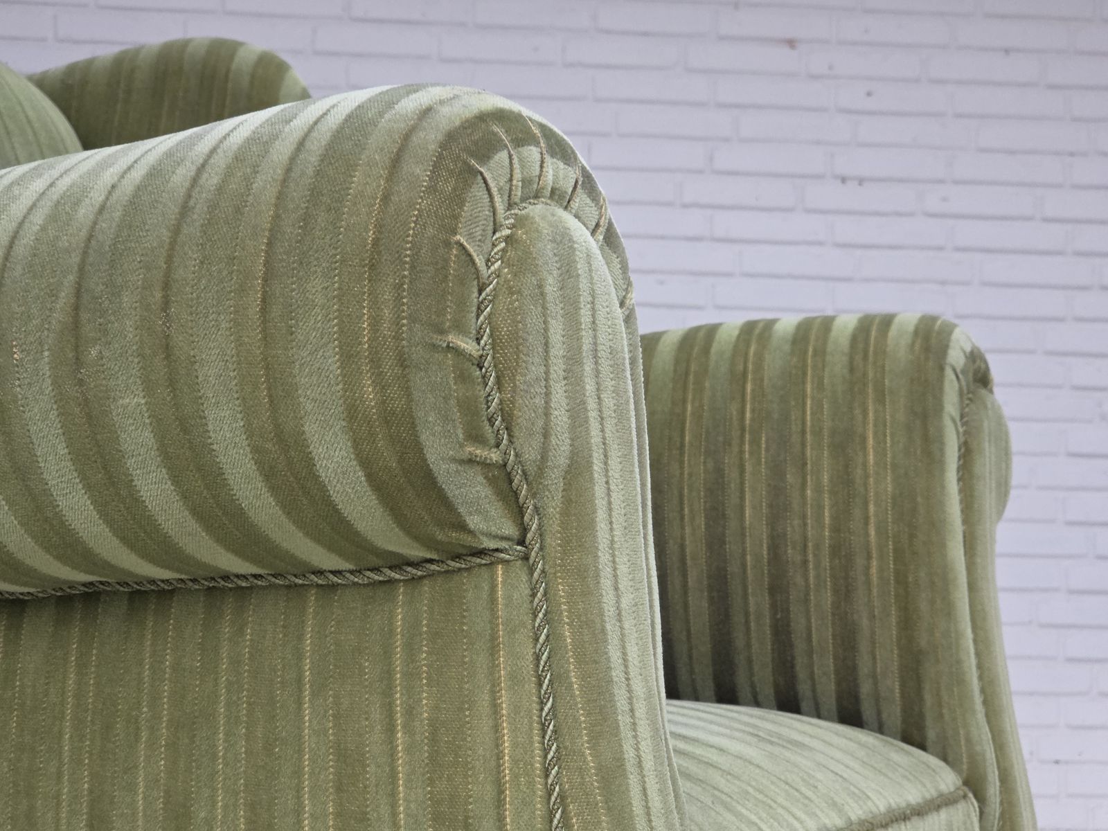 1950s, Danish Relax Armchair, Green Furniture Velour Fabric, Ash Wood Legs. photo Furniture
