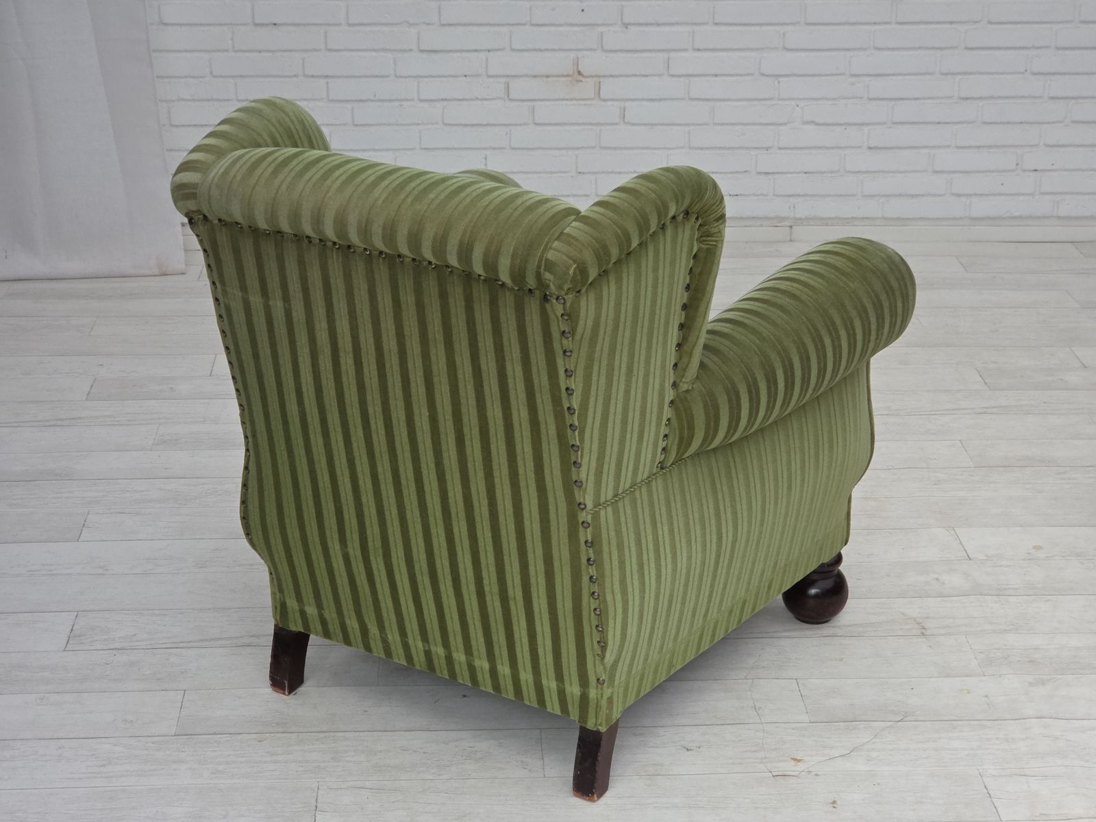1950s, Danish Relax Armchair, Green Furniture Velour Fabric, Ash Wood Legs. photo vintage