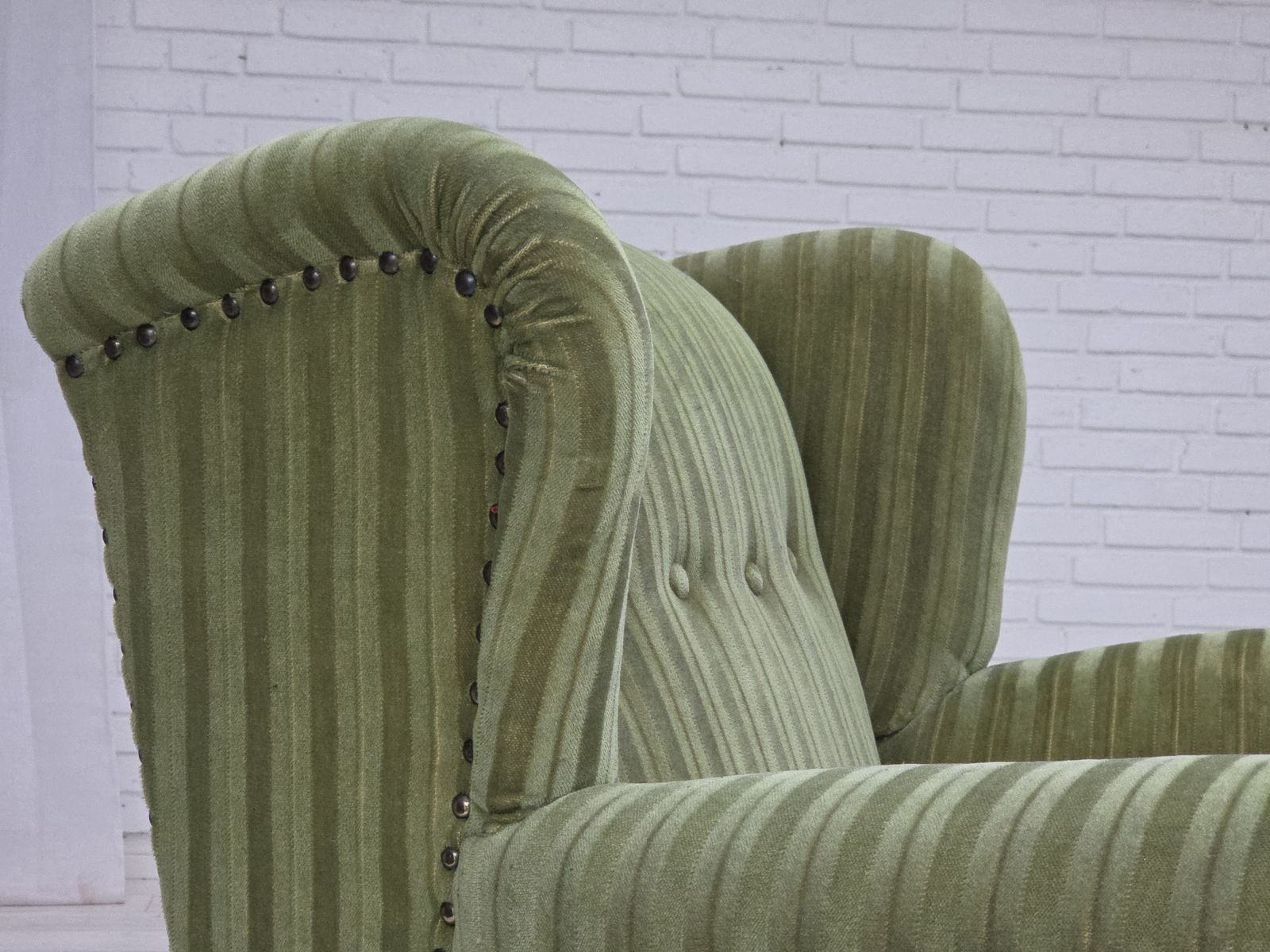 photo furniture 1950s, Danish Relax Armchair, Green Furniture Velour Fabric, Ash Wood Legs.