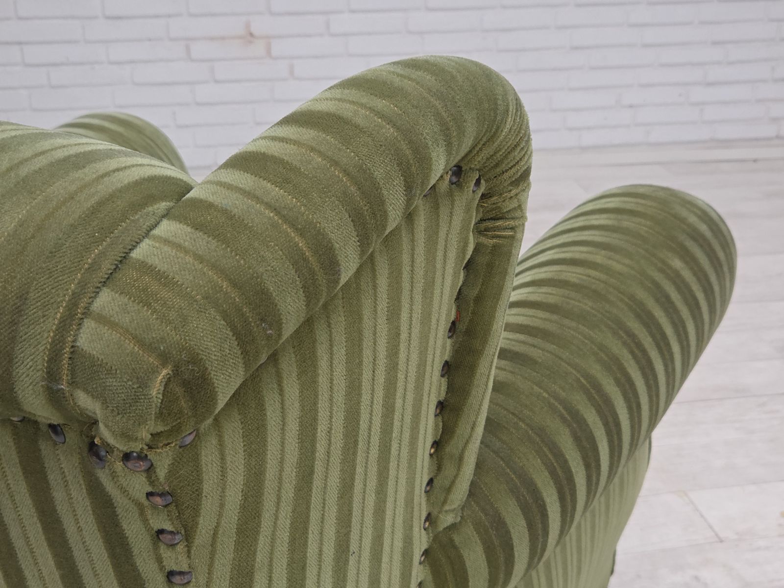1350.0 1950s, Danish Relax Armchair, Green Furniture Velour Fabric, Ash Wood Legs. photo