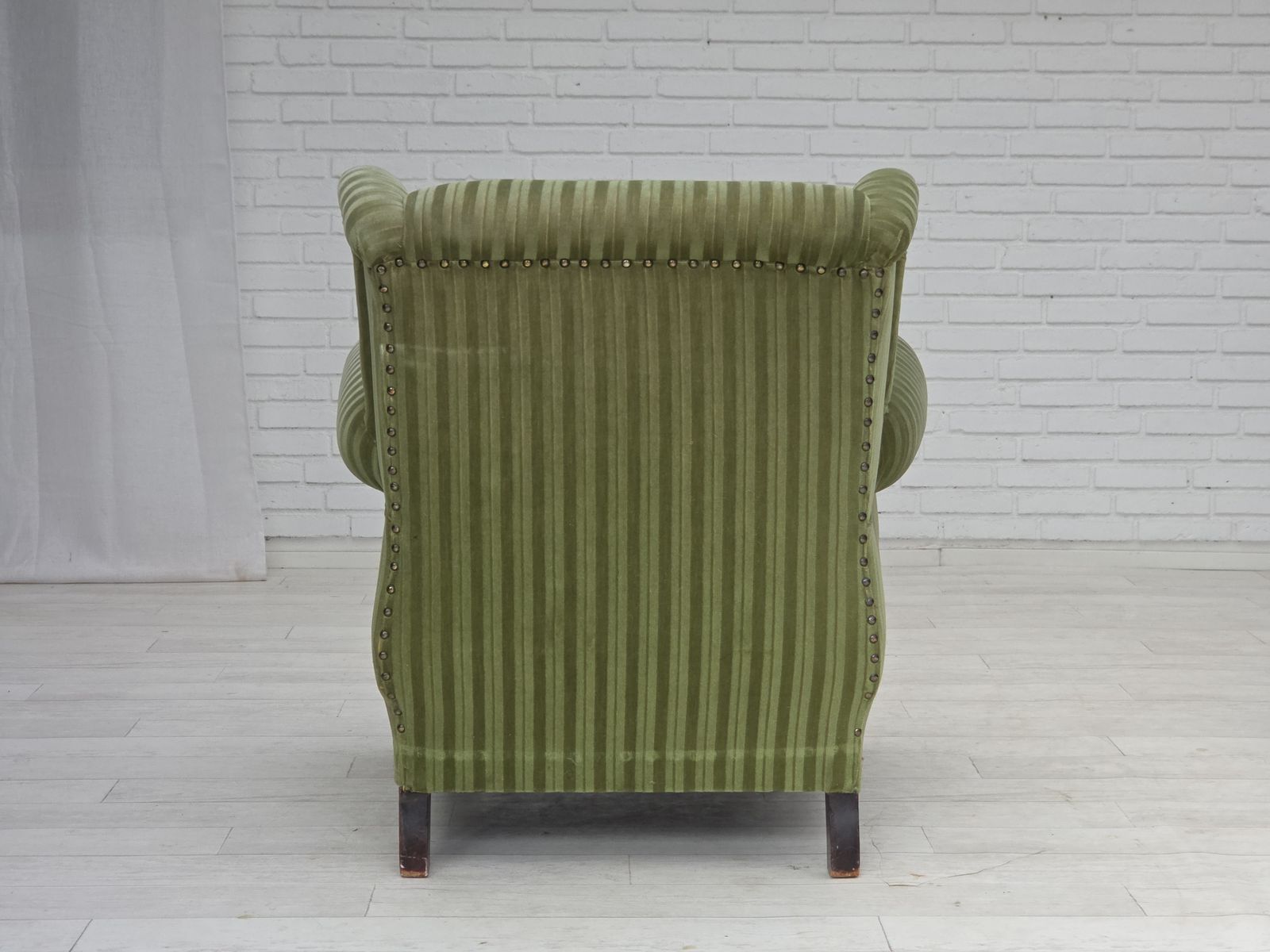 photo buy 1950s, Danish Relax Armchair, Green Furniture Velour Fabric, Ash Wood Legs.
