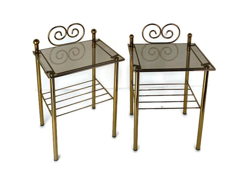 Couple Hollywood Regency Side Occasional Tables Plant Stands Brass Smoked Glass