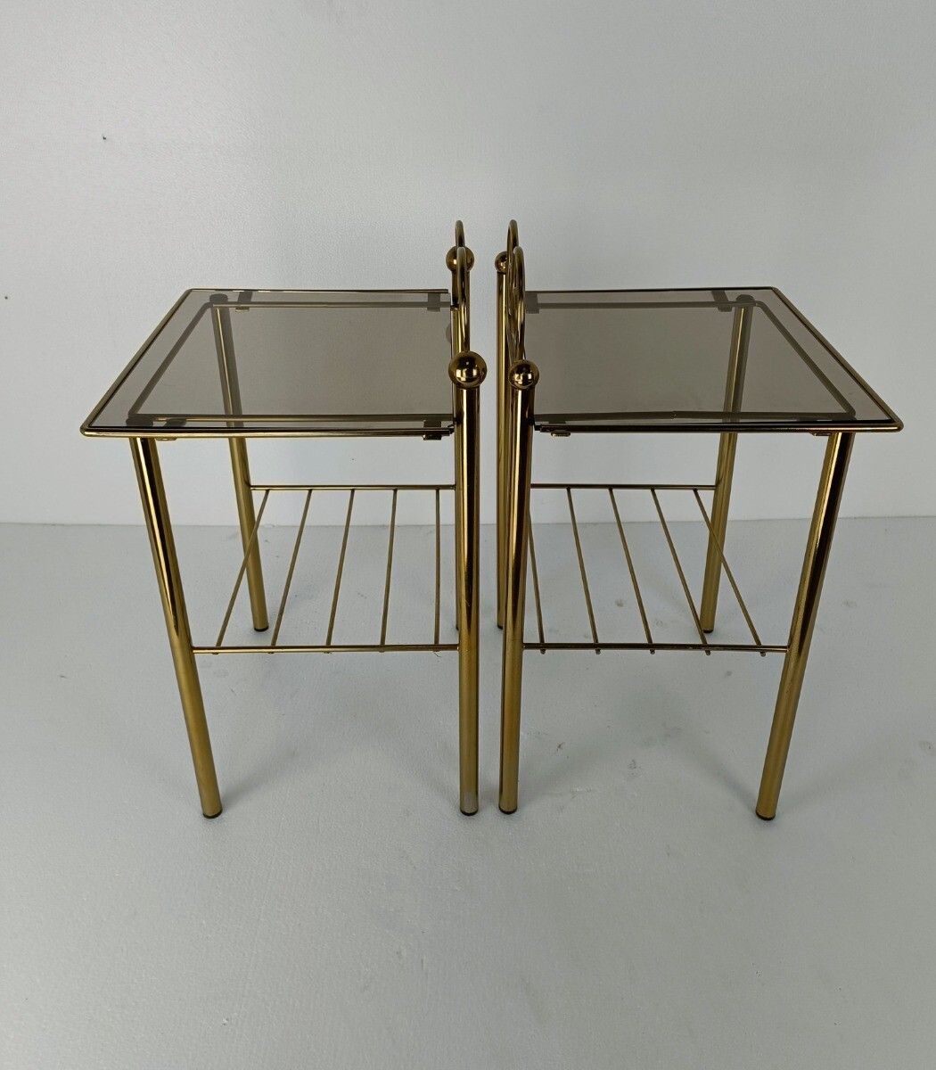 Couple Hollywood Regency Side Occasional Tables Plant Stands Brass Smoked Glass photo Furniture