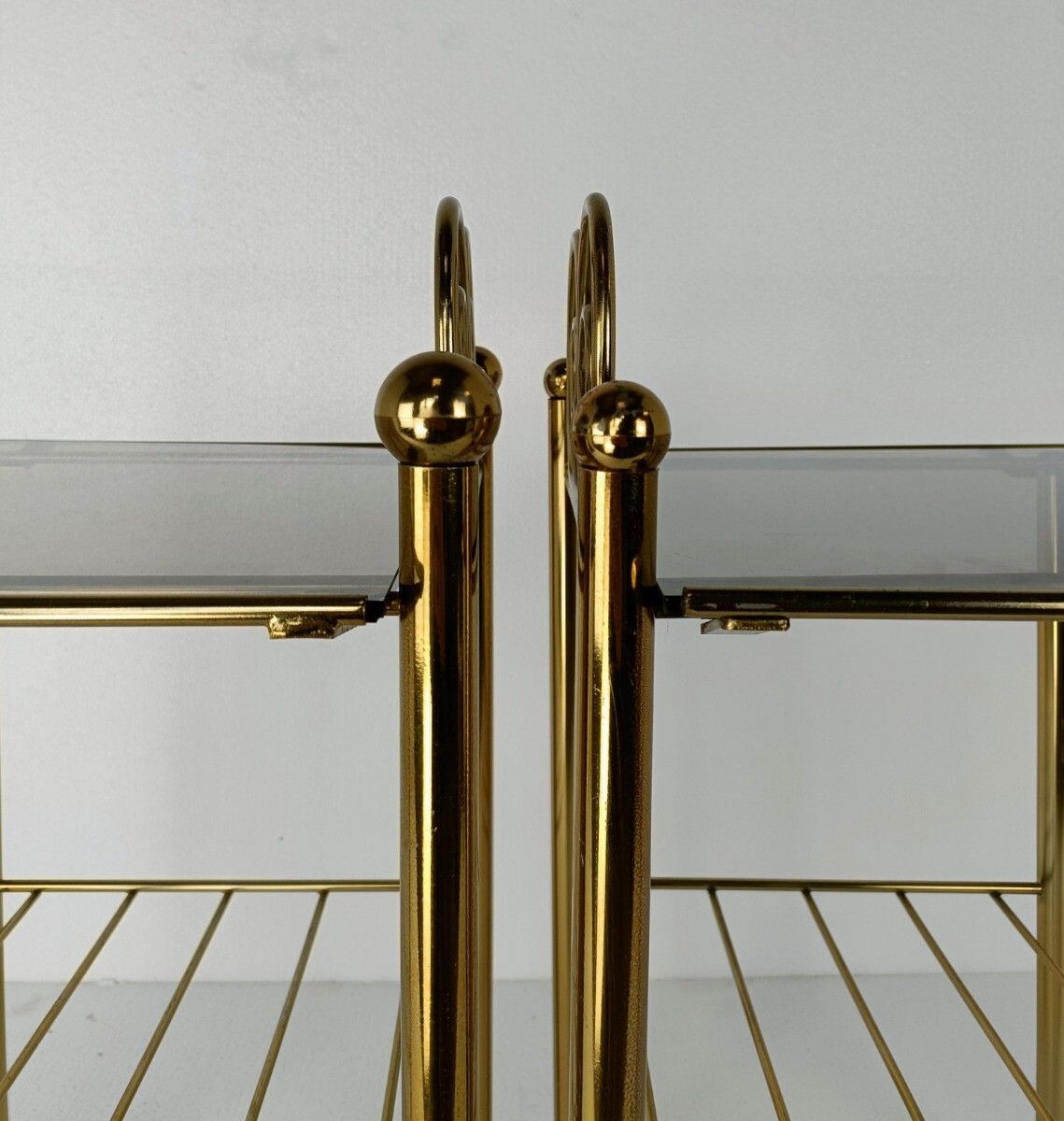 Couple Hollywood Regency Side Occasional Tables Plant Stands Brass Smoked Glass photo 445.0