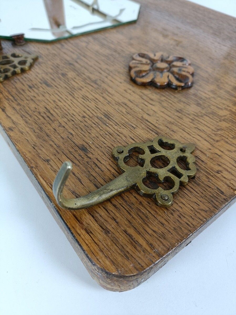 Vintage Wall Coat Rack Mid Century Modern Railroad Industrial  Carved Wood Mirro photo vinterior