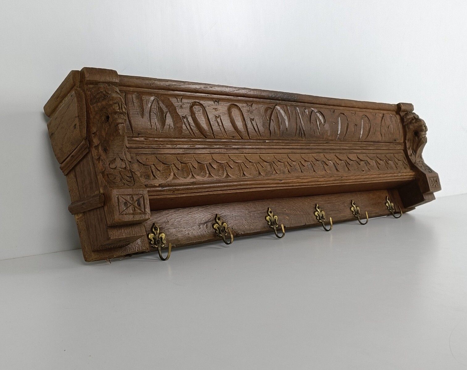 Hand Carved Wood Oak Coat Hat Kitchen Hallway Rack Ornate Antique Lion Heads photo furniture