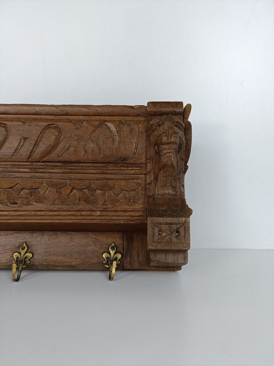 Hand Carved Wood Oak Coat Hat Kitchen Hallway Rack Ornate Antique Lion Heads photo for sale