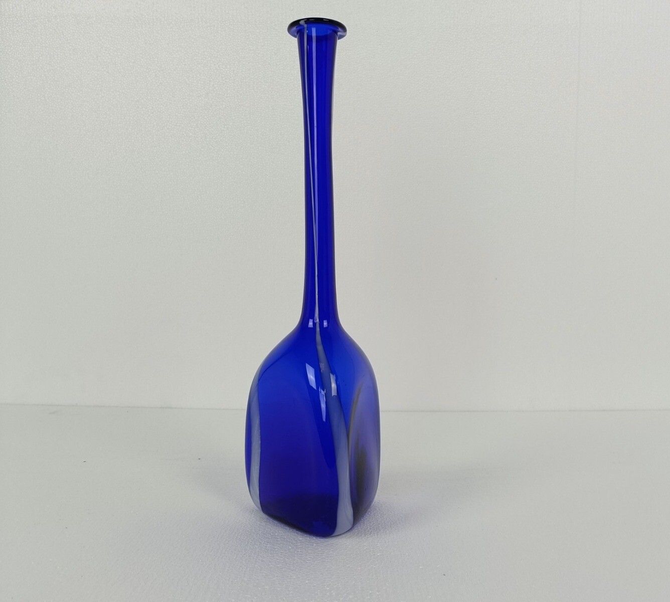 Vintage Retro Art Glass Genie Bottle Vase Cobalt Blue White Lines Extremely Htf photo furniture
