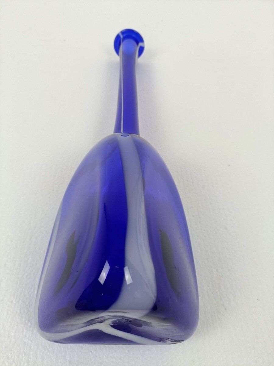 Vintage Retro Art Glass Genie Bottle Vase Cobalt Blue White Lines Extremely Htf photo 162.0