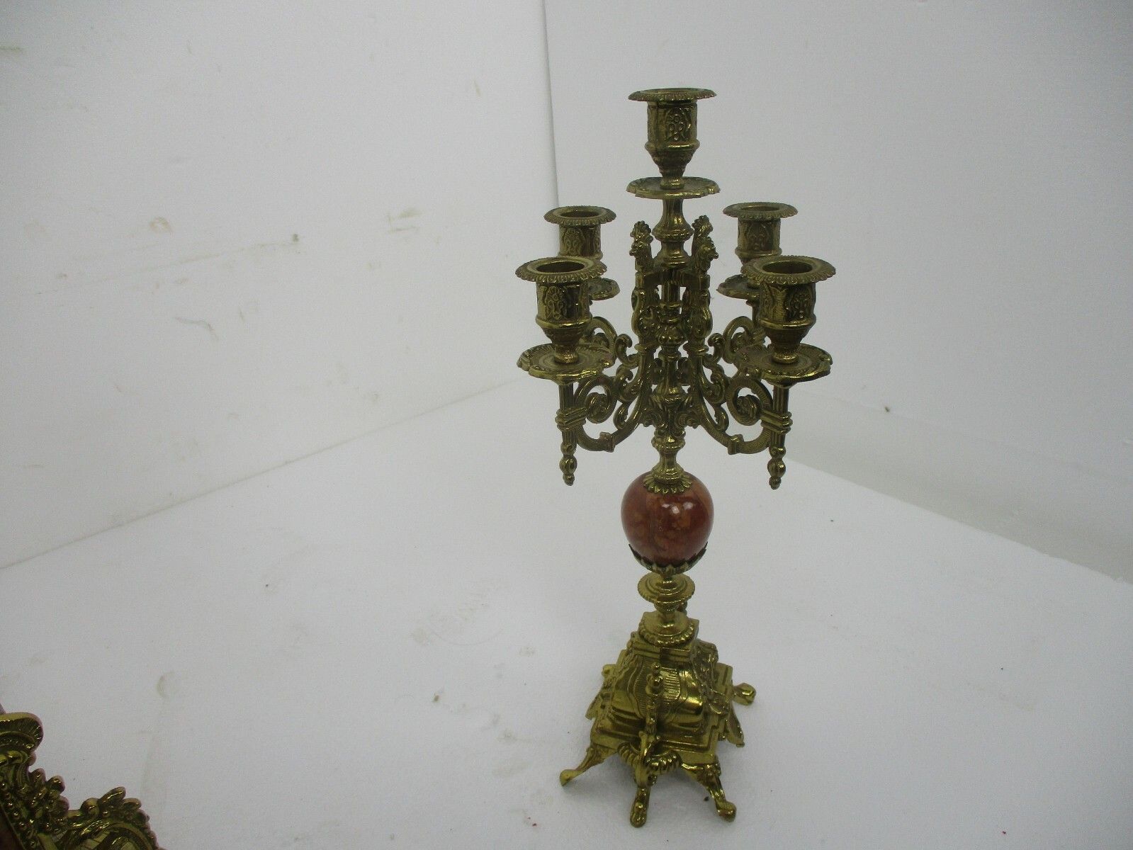 3 Piece Garniture Mantle Set 5 Arm Candelabras Clock Lancini Italy Brass Marble photo Home Decor