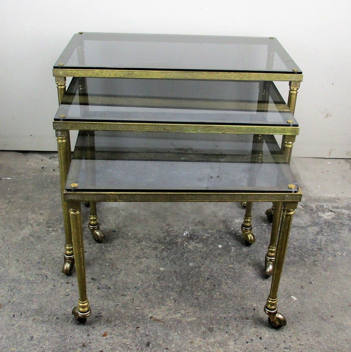 Vintage Nesting Coffee Side Tables Brass Glass Bar Cart Wheels Era Maison Bagues photo furniture