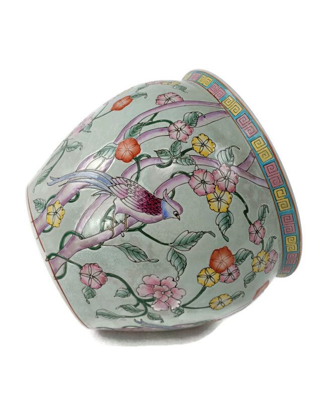 Gorgeous Chinese Porcelain  Bird Of Paradise Koi  Bowl Planter Vase Birds Flower