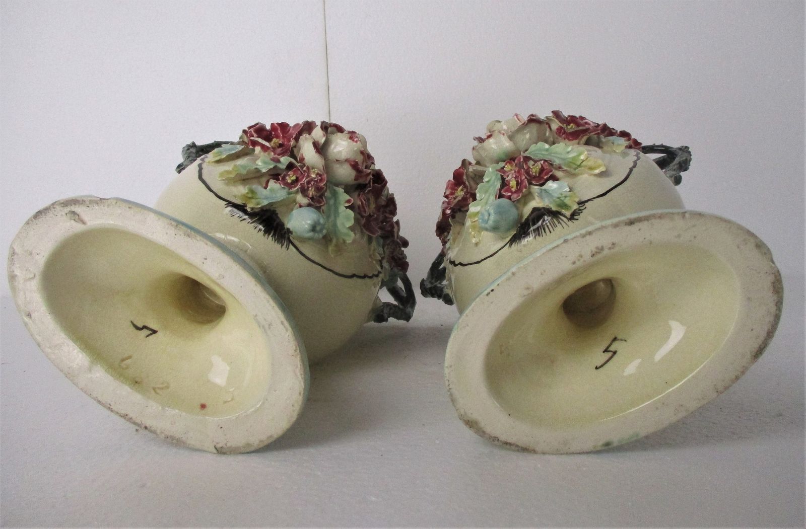 photo for sale Set Of 2 Pair French Barbotine Majolica Vases Planters Centerpiece Gorgeous Flow
