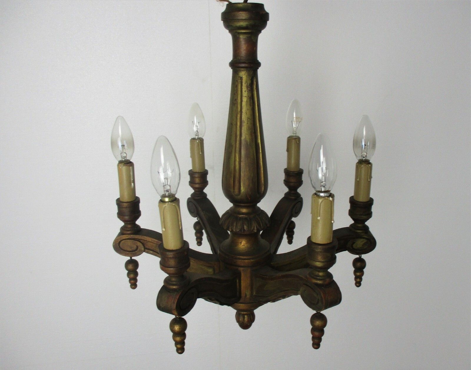 Small Hand Carved Wooden Chandelier Ornate 6 Arm Country Farmhouse Barn Style photo vintage