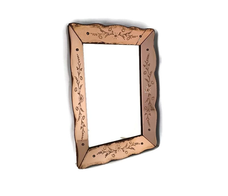 Art Deco Nouveau Wall Hanging Ornate Mirror Vanity Dresser Clear Etched Pink Gla