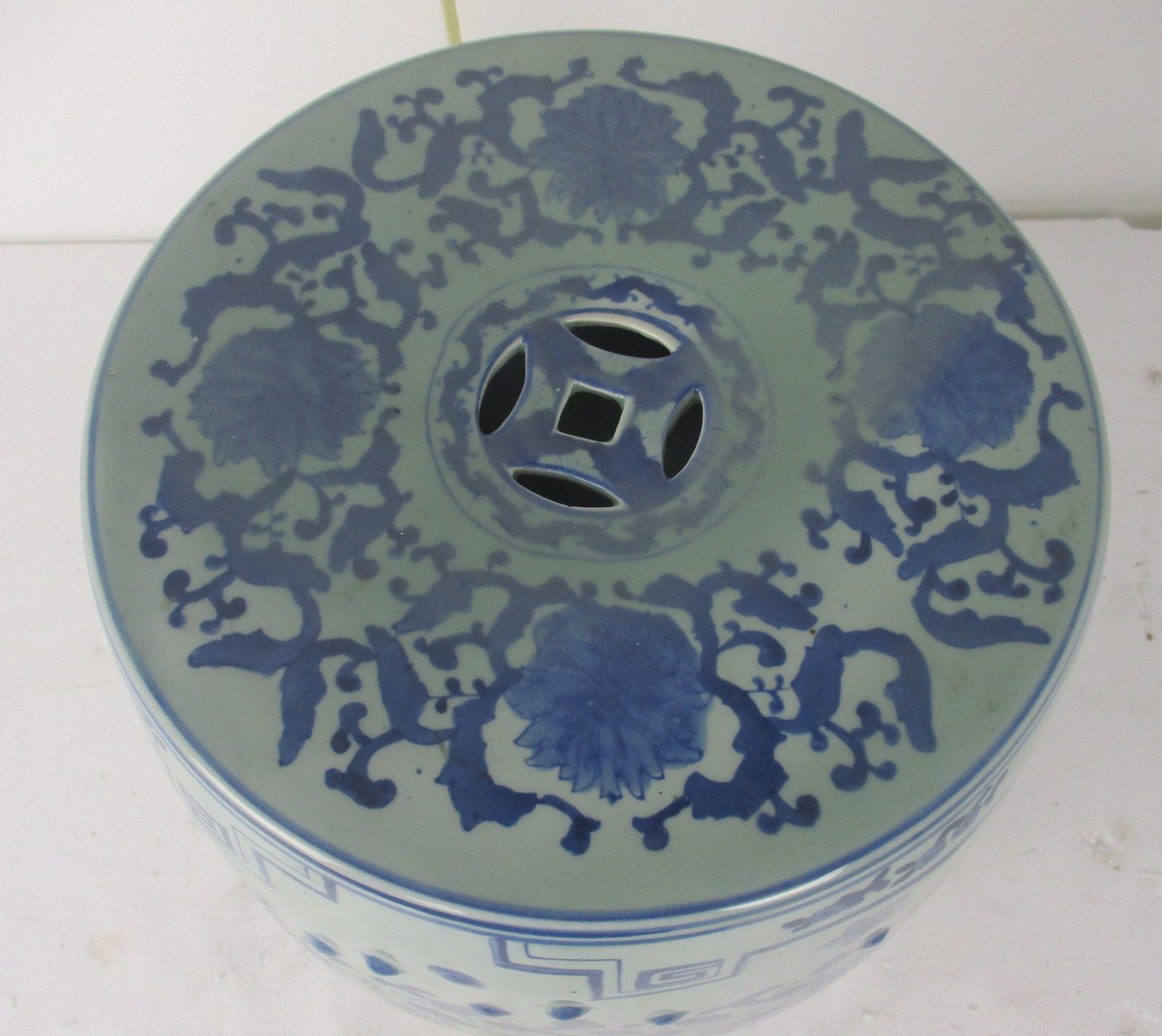 Vintage Chinese Porcelain  Garden Stool Side Table Pedestal White Blue Chinoiser photo for sale