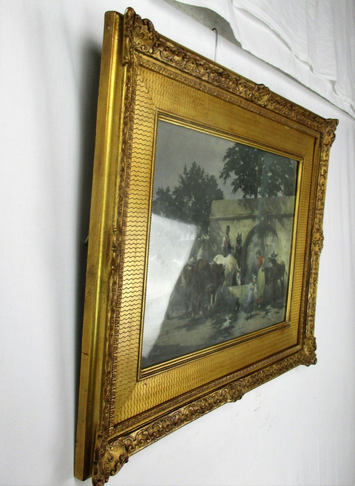 Antique Gorgeous Litho Horses Cows Water Trough Ornate Frame  Wood Plaster photo 223.0