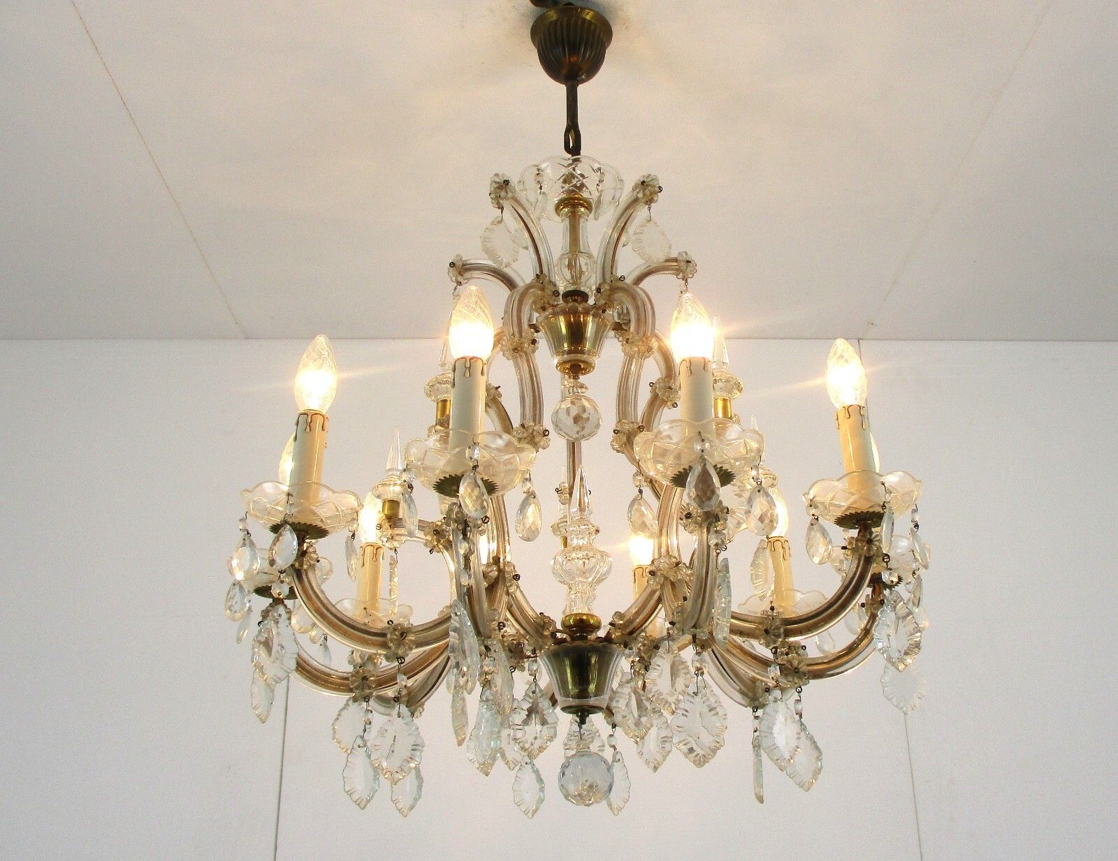 Chandelier 10 Arms Lights Brass Christal  Prisms Hollywood Regency Marie Therese photo for sale