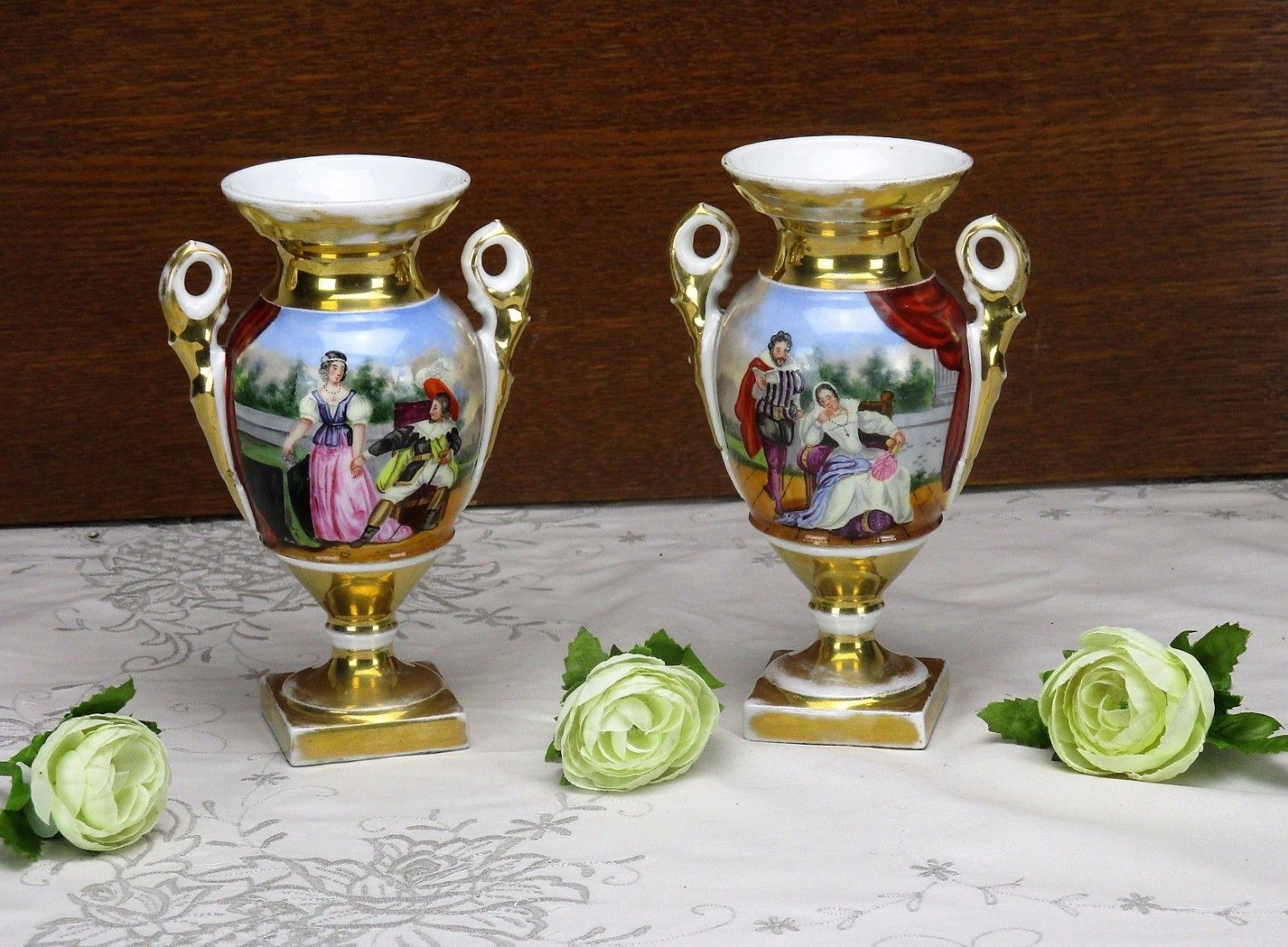 Couple Antique Vieux Paris Porcelain Vases French Landscape France