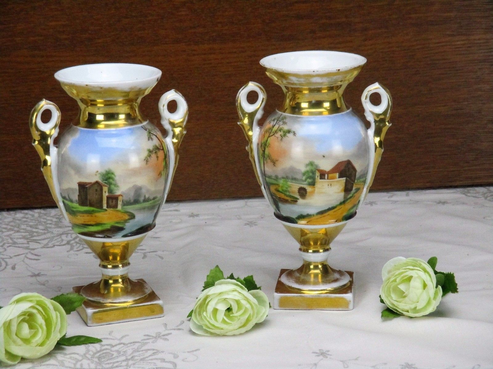 Couple Antique Vieux Paris Porcelain Vases French Landscape France photo 408.0