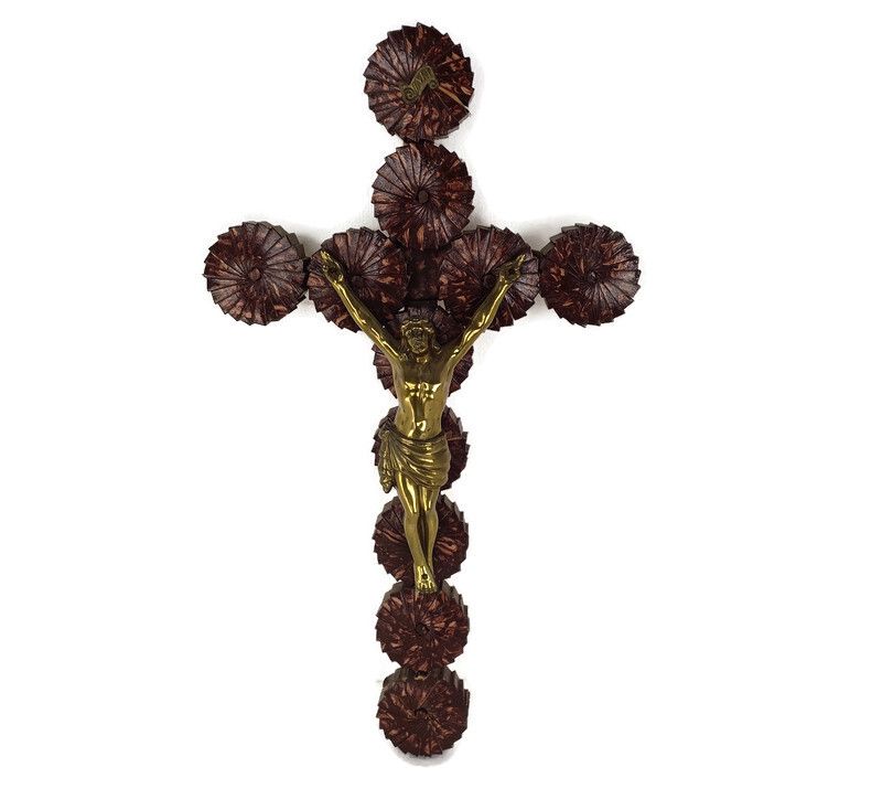 Large Hanging Wooden Wall Crucifix Cross Folk Tramp Art Htf Brass  Corpus
