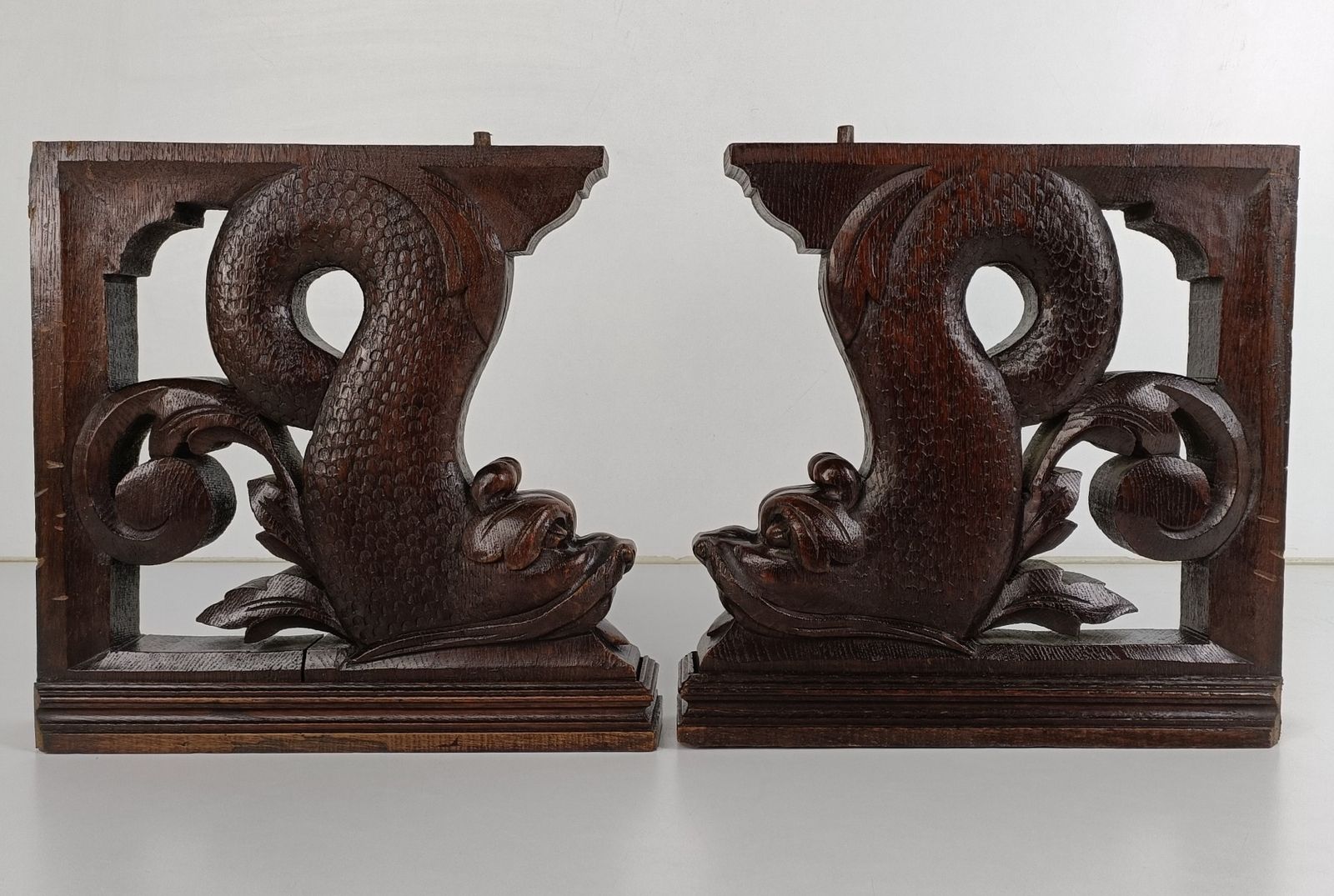 Antique Pair Corbels Hand Carved Wood Mythological Fish Architectural Reclaimed photo 364.0