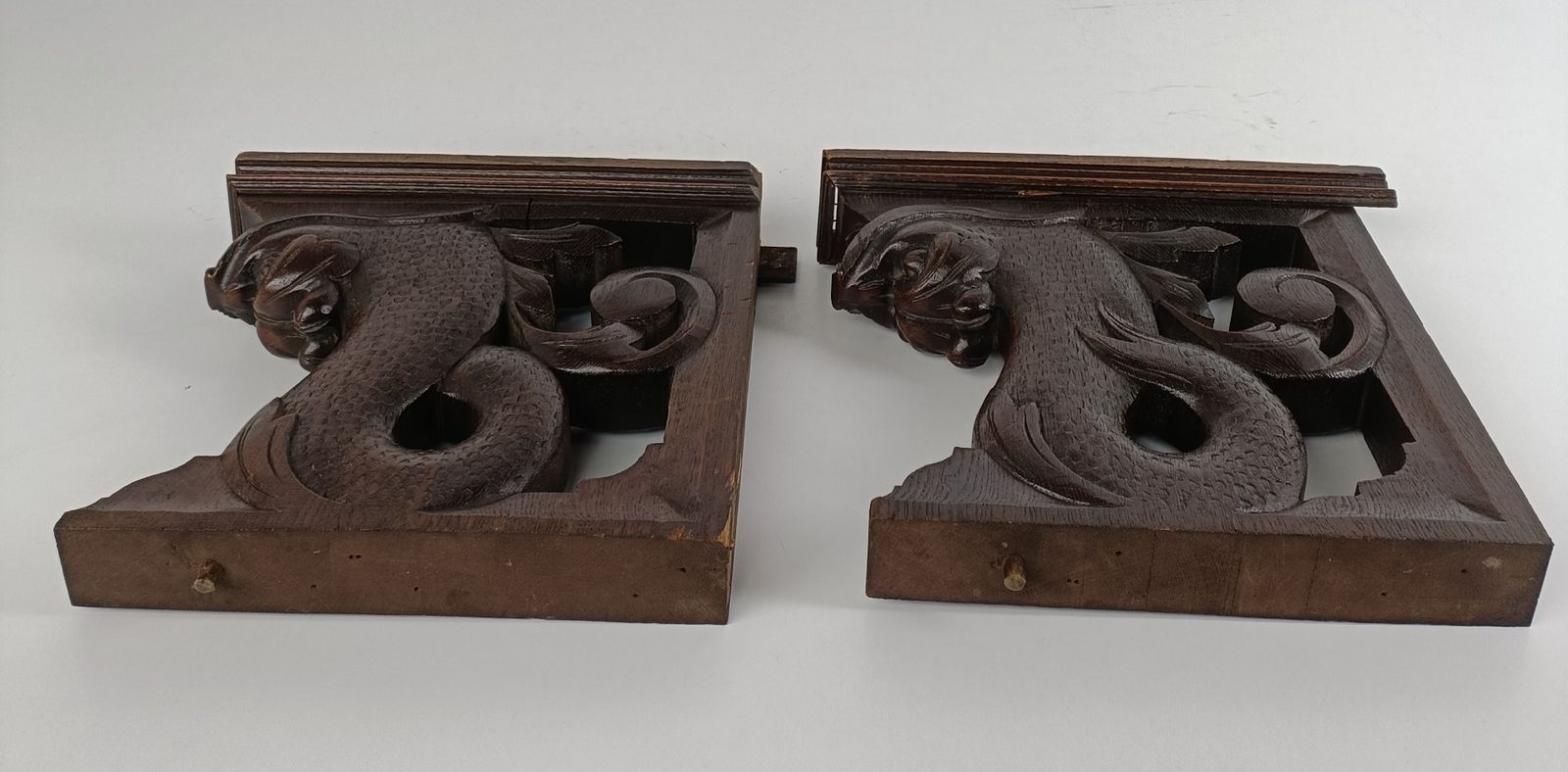 photo for sale Antique Pair Corbels Hand Carved Wood Mythological Fish Architectural Reclaimed