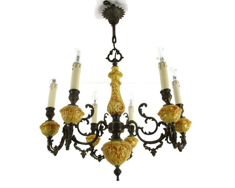 Chandelier 6 Arms Lights Ceramic Porcelain Ceramic  Brown Mid Century Italy