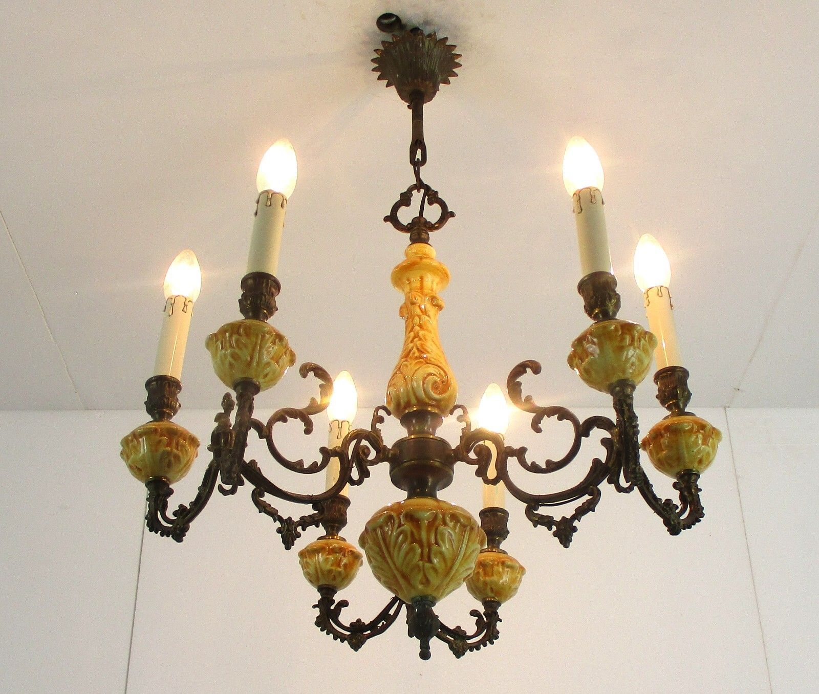 Chandelier 6 Arms Lights Ceramic Porcelain Ceramic  Brown Mid Century Italy photo furniture