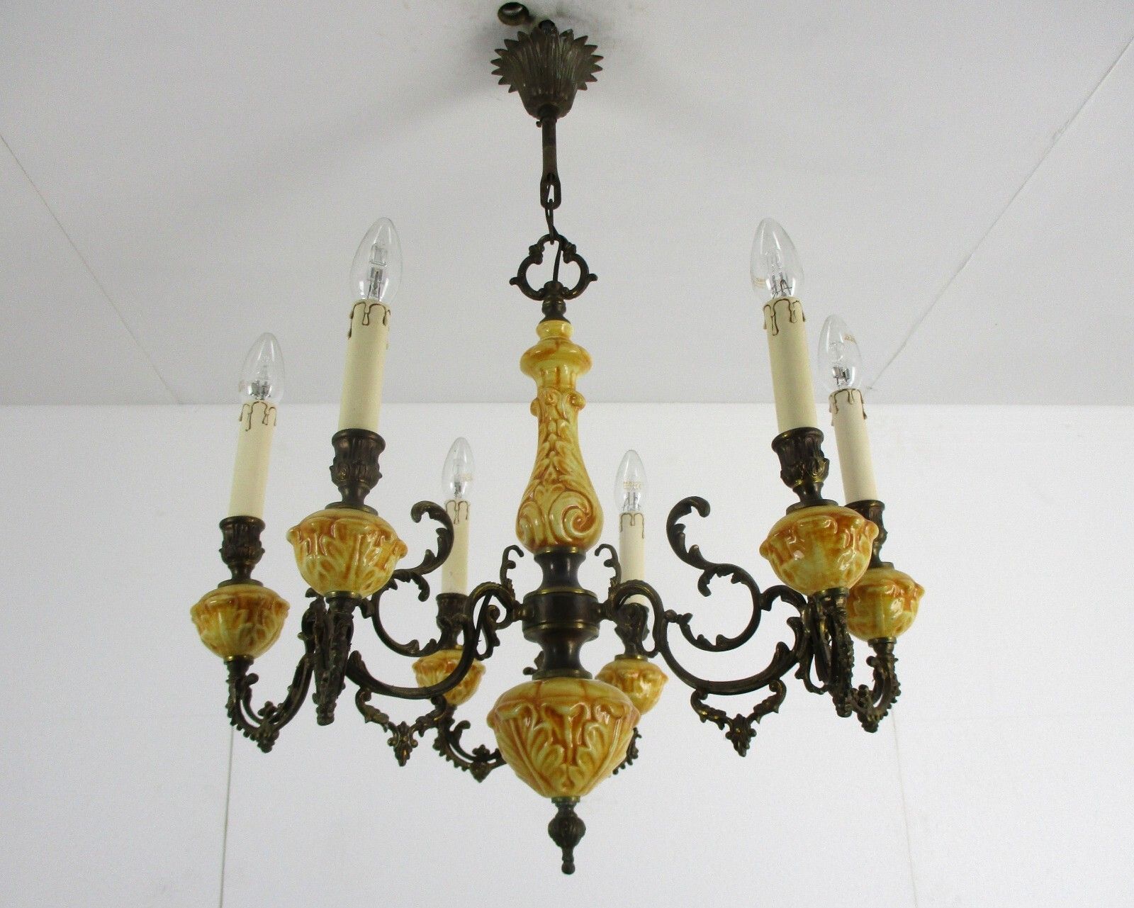 Chandelier 6 Arms Lights Ceramic Porcelain Ceramic  Brown Mid Century Italy photo Lighting