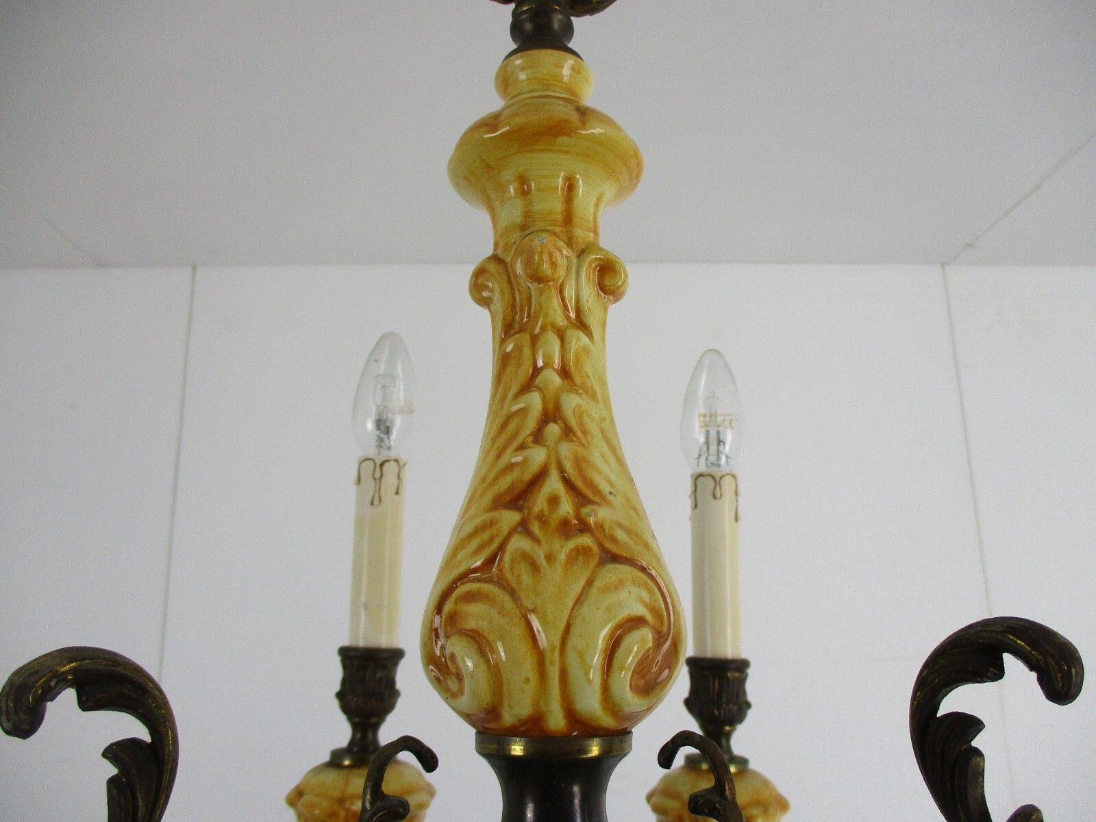 photo furniture Chandelier 6 Arms Lights Ceramic Porcelain Ceramic  Brown Mid Century Italy