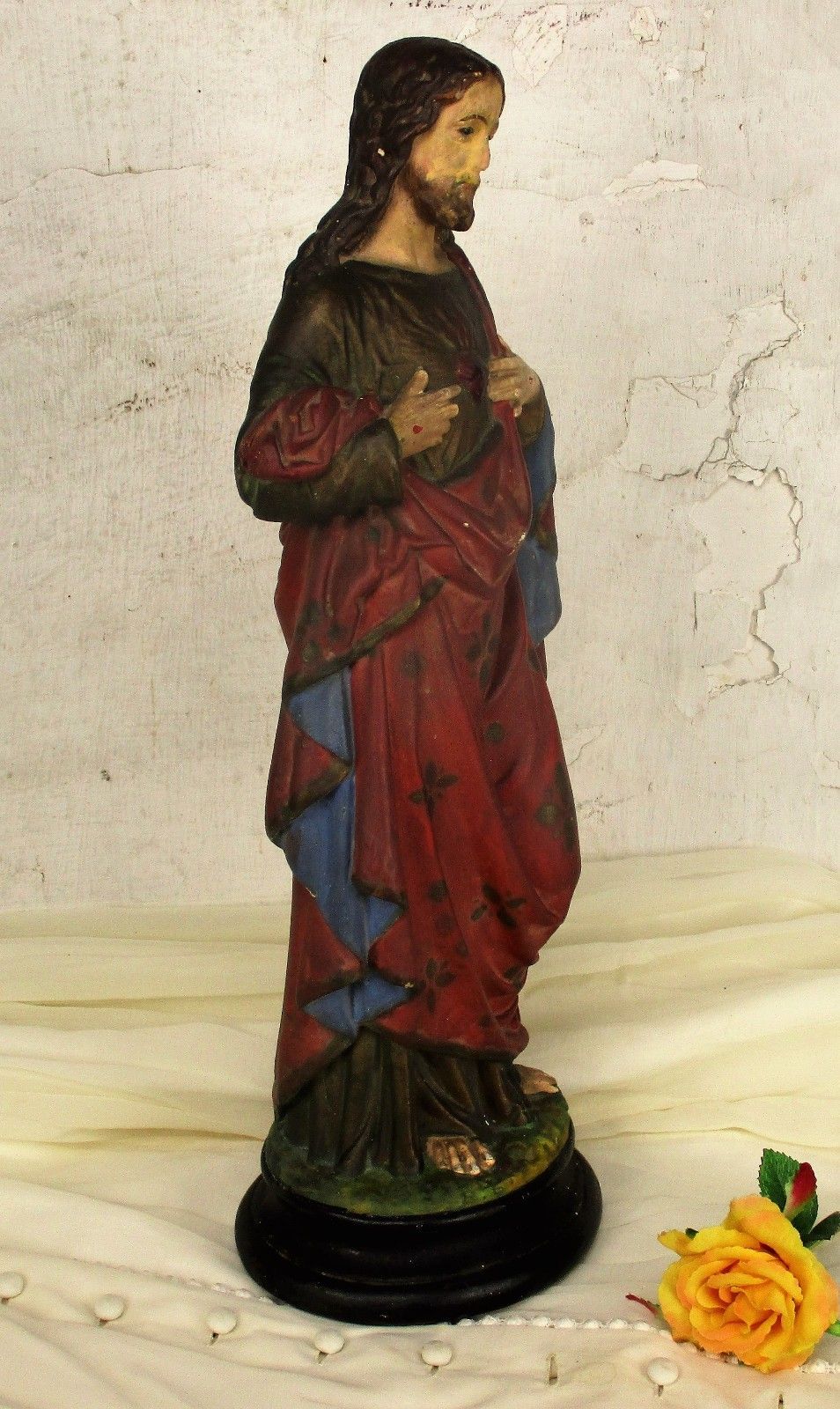 Antique Statue Jesus Christ Sacred Heart Neo Gothic 1900 Polychrome 16.53" photo furniture