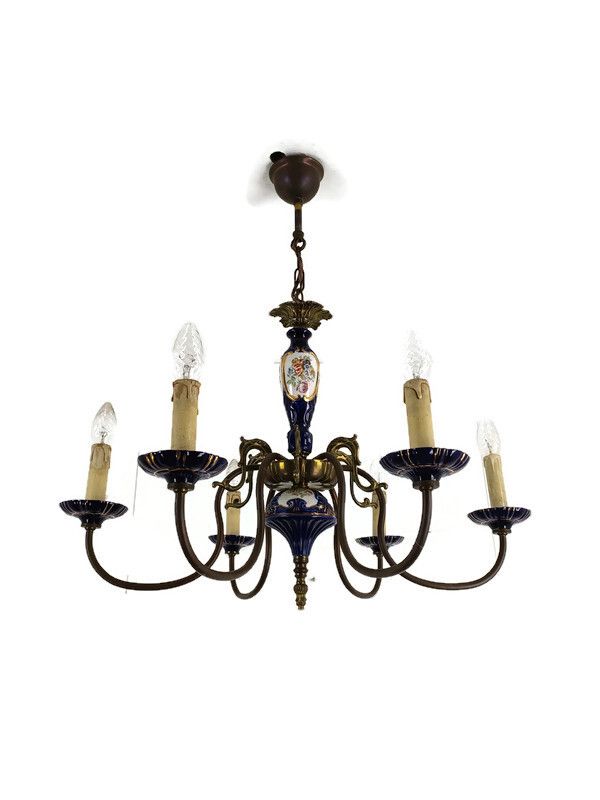 Cobalt Blue Italian Porcelain Vintage Chandelier 6 Arms 6 Lights Barn Country St