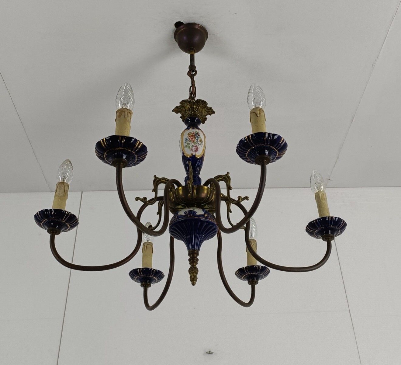 Cobalt Blue Italian Porcelain Vintage Chandelier 6 Arms 6 Lights Barn Country St photo Lighting