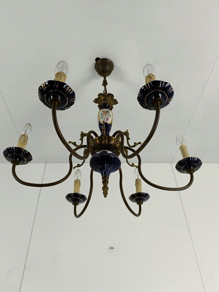 Cobalt Blue Italian Porcelain Vintage Chandelier 6 Arms 6 Lights Barn Country St photo vinterior