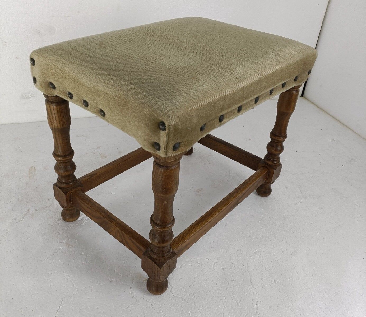 Footstool Ottoman Wooden Legs Green Fabric  Hobnails Mid Century Modern Vintage photo vinterior