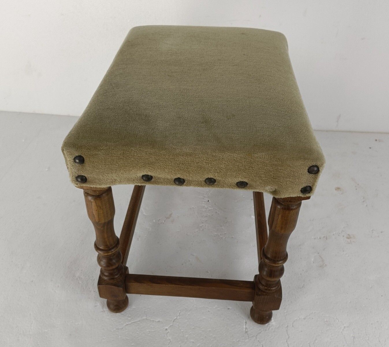 Footstool Ottoman Wooden Legs Green Fabric  Hobnails Mid Century Modern Vintage photo vintage