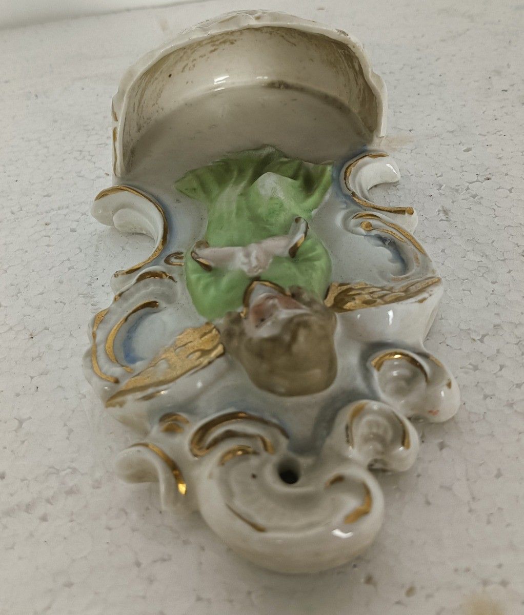 Holy Water Font Vessel Porcelain Antique Neo Gothic Angel Green  Wall Hanging Lo photo for sale
