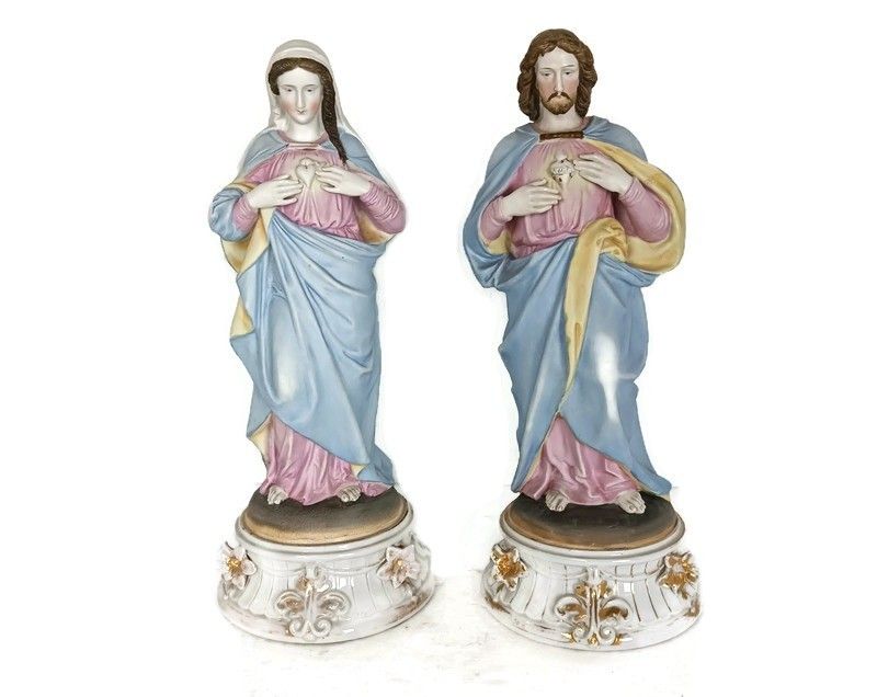 Vintage Statues Couple Porcelain Polychrome Jesus Christ Virgin Mary Madonna Hol