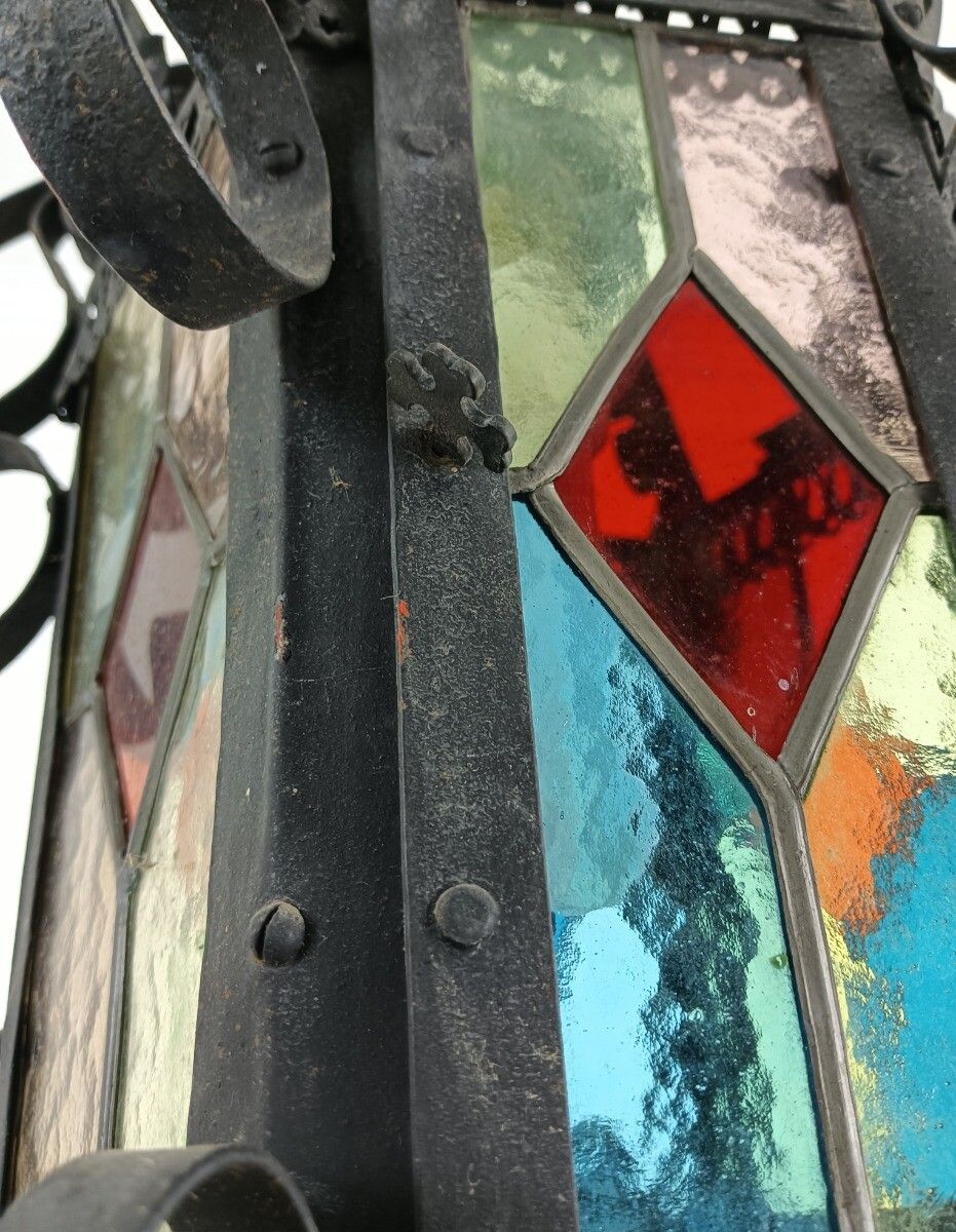 Lighting Antique Wrought Iron 19thc Lantern Colored Glass France Gas Pendant Electrified photo