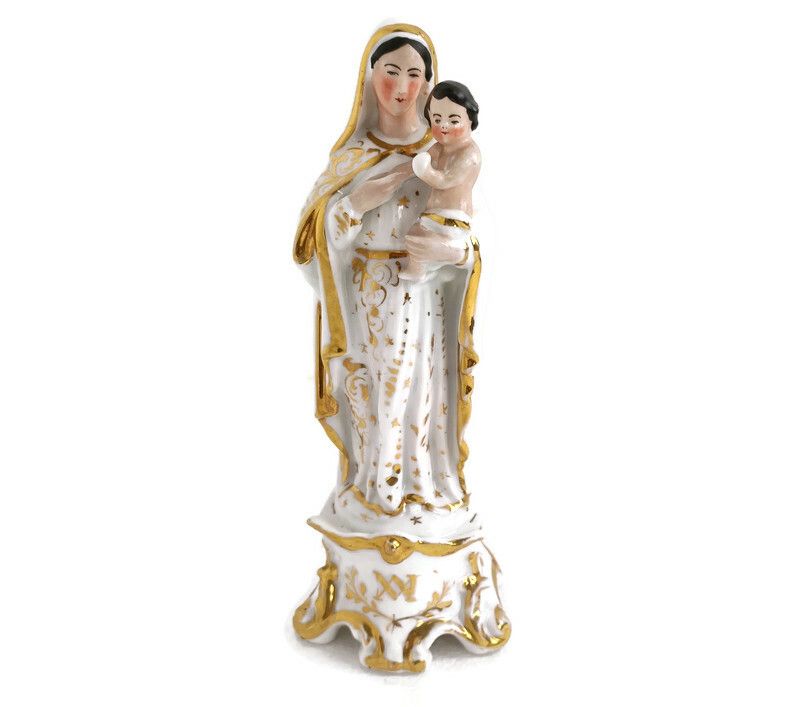 Antique 1900 Vieux Paris Porcelain Bisque Statue Virgin Mary Madonna With Infant
