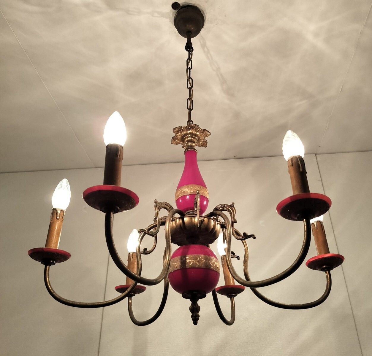 Gorgeous Italian Chandelier  Bordeaux Red 6 Arms Lights Glass  Very Rare Vintage photo Lighting