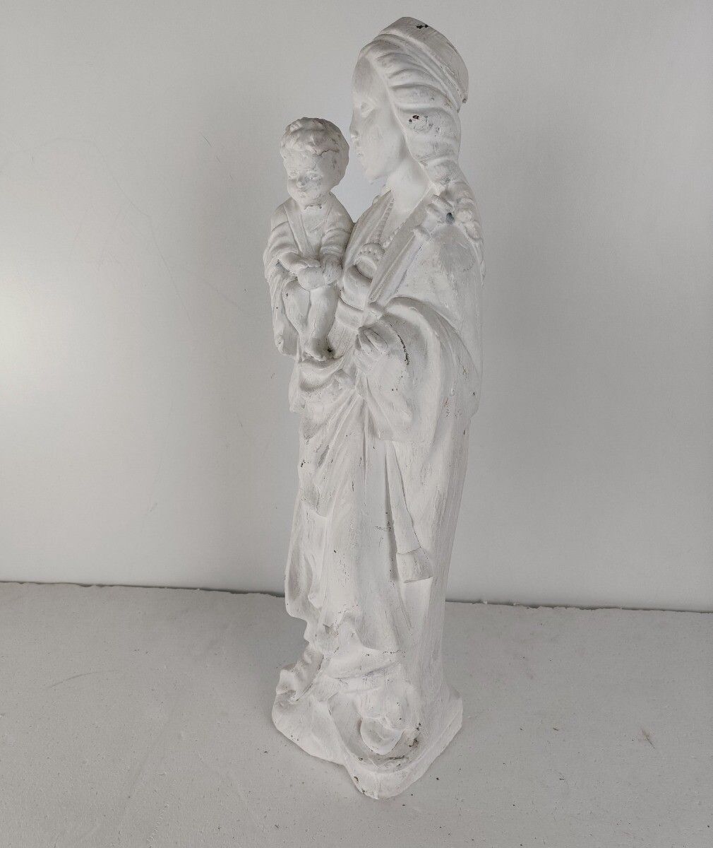 White Painted Plaster Statue Virgin Mary Infant Jesus Vintage Madonna Holding Sc photo furniture