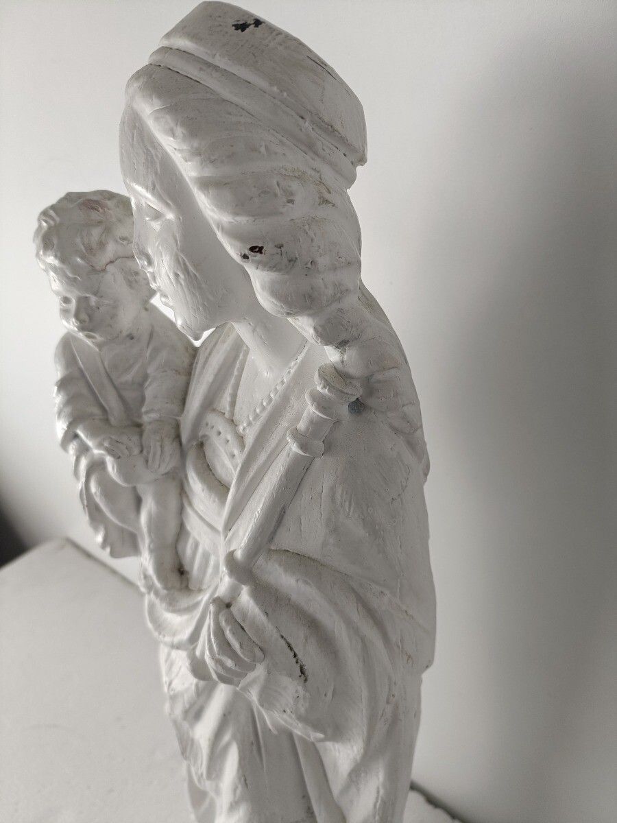 photo for sale White Painted Plaster Statue Virgin Mary Infant Jesus Vintage Madonna Holding Sc